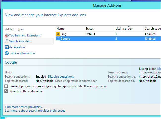 Выбор поисковой системы для Internet Explorer в Windows 8 на рабочем столе