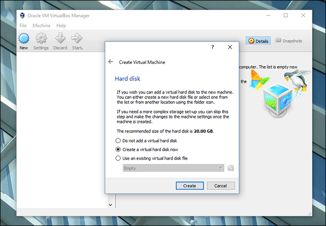 Выбор создания виртуального жесткого диска