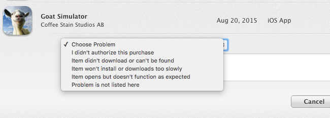 Страница «Report a Problem» на сайте Apple — список приложений