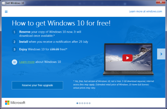 Окно приложения «Получить Windows 10» с предложением зарезервировать обновление