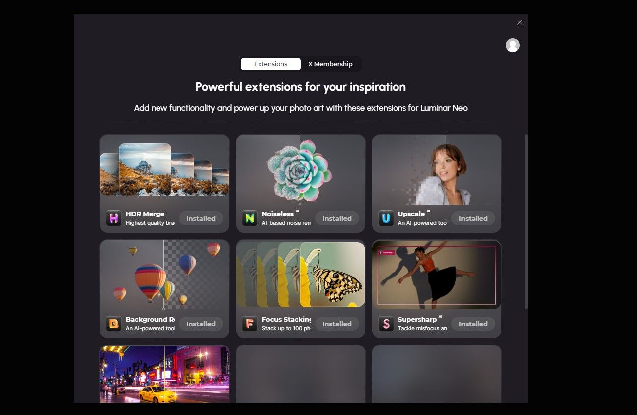 Меню расширений с опциями Buy, Install, Installed