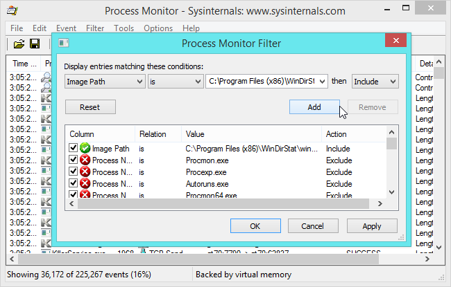 Процесс Monitor фильтрует по пути исполняемого файла