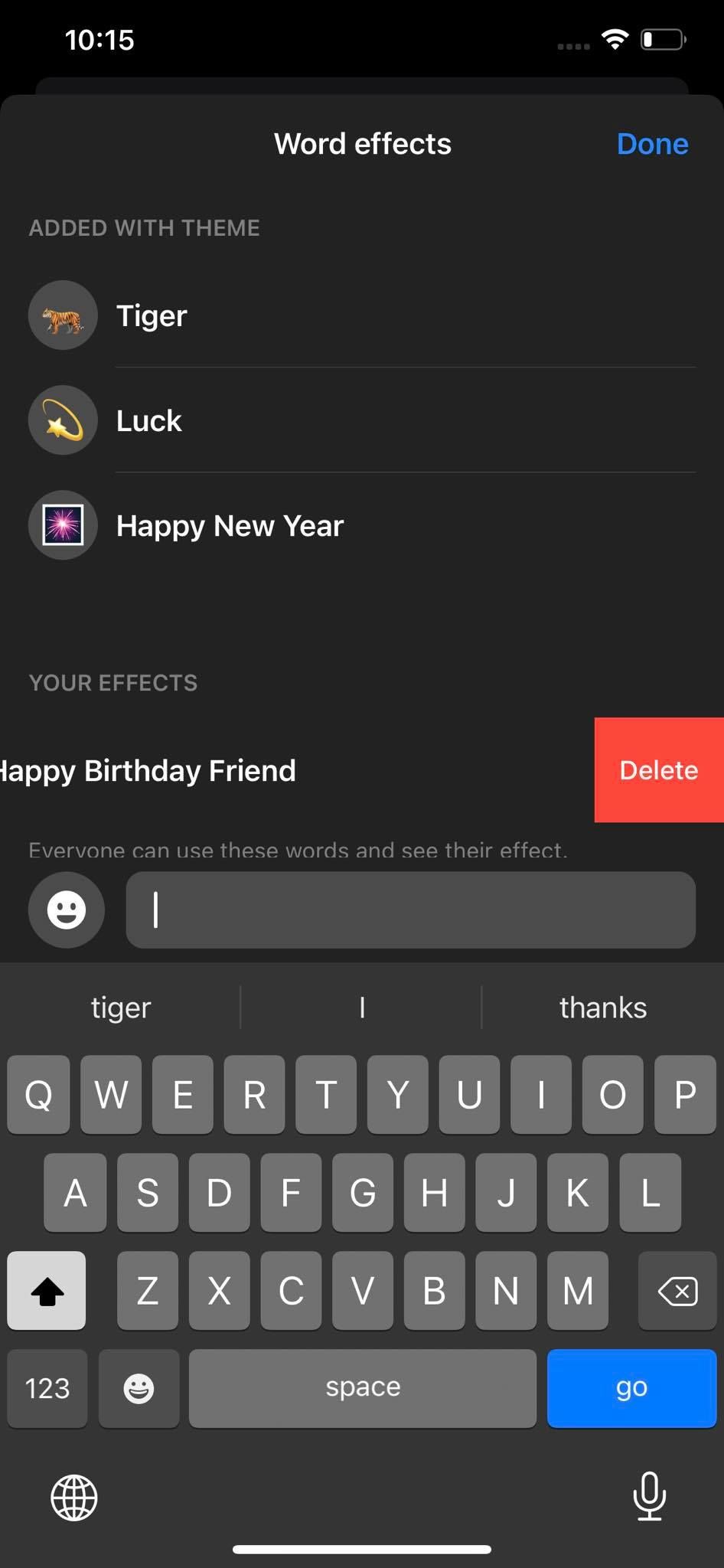 Удаление пользовательского word effect в приложении Facebook Messenger