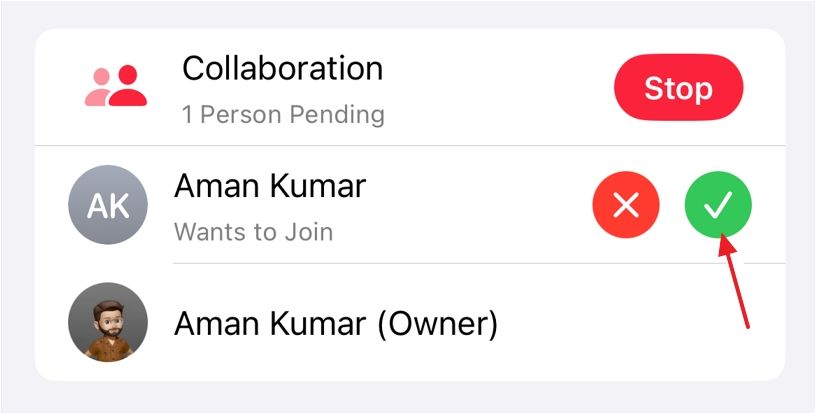 Значок подтверждения запроса на участие в совместном плейлисте