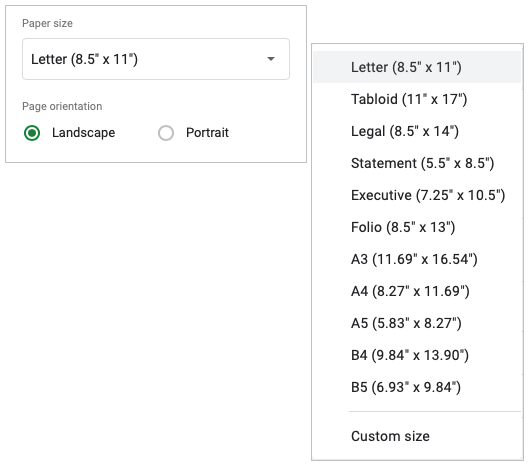 Select the paper size and page orientation