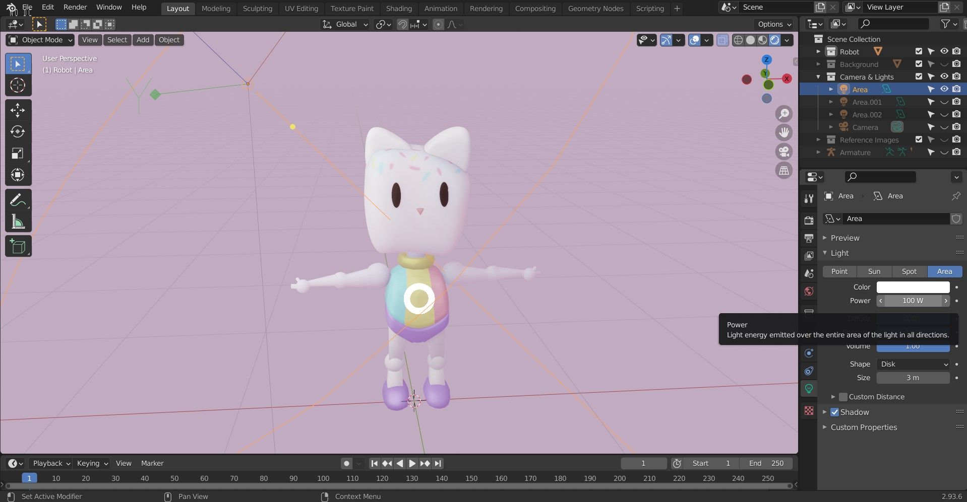 Area-свет белого цвета, мощность 100, размер 3 м, освещает фигурку кошки