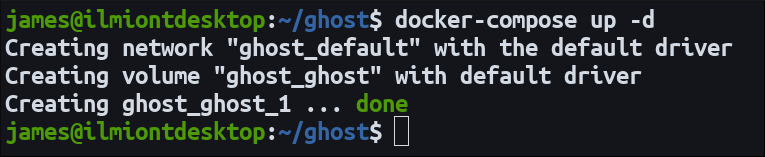 Скриншот запуска Ghost через Docker Compose