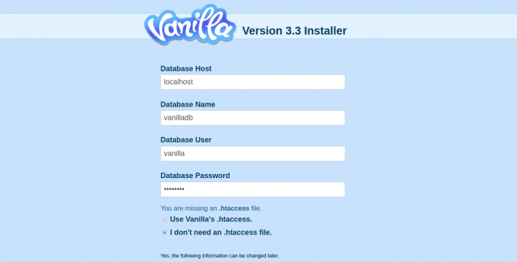 Экран настройки базы данных Vanilla