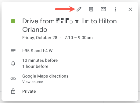Значок редактирования во всплывающем окне события