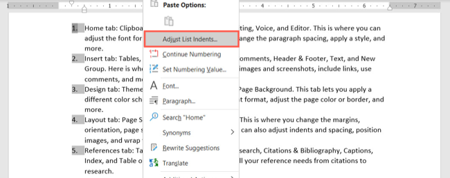 Пункт меню «Изменить отступы списка»