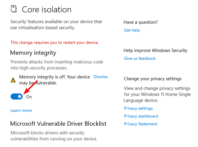 Выключение функции «Целостность памяти» в Windows