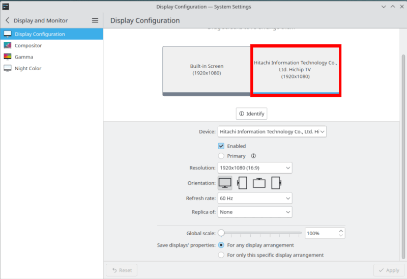 Скриншот окна конфигурации внешнего дисплея в KDE.