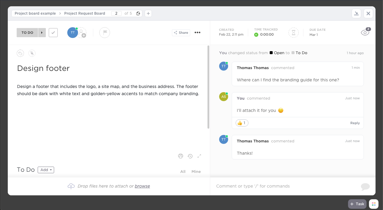A task card in project management software with a place for a description and comments