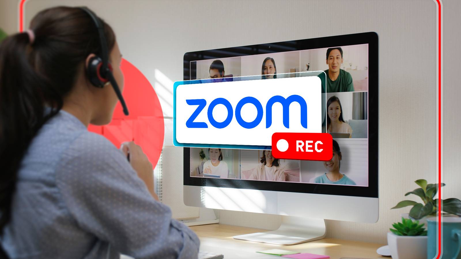 Человек на онлайн-встрече с логотипом Zoom и значком записи на экране.