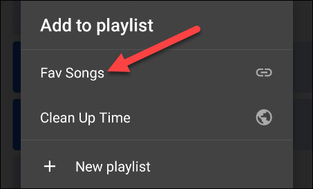 Окно YouTube Music: выбор существующего плейлиста или создание нового