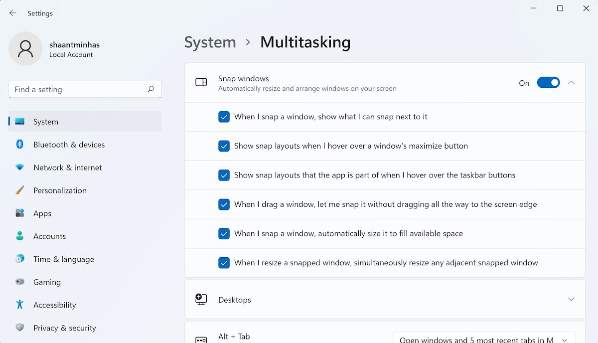 Параметры многозадачности в Windows — включение Snap windows