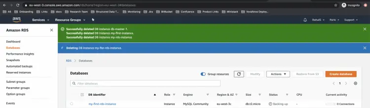 Состояние успешно созданной базы данных в консоли AWS RDS