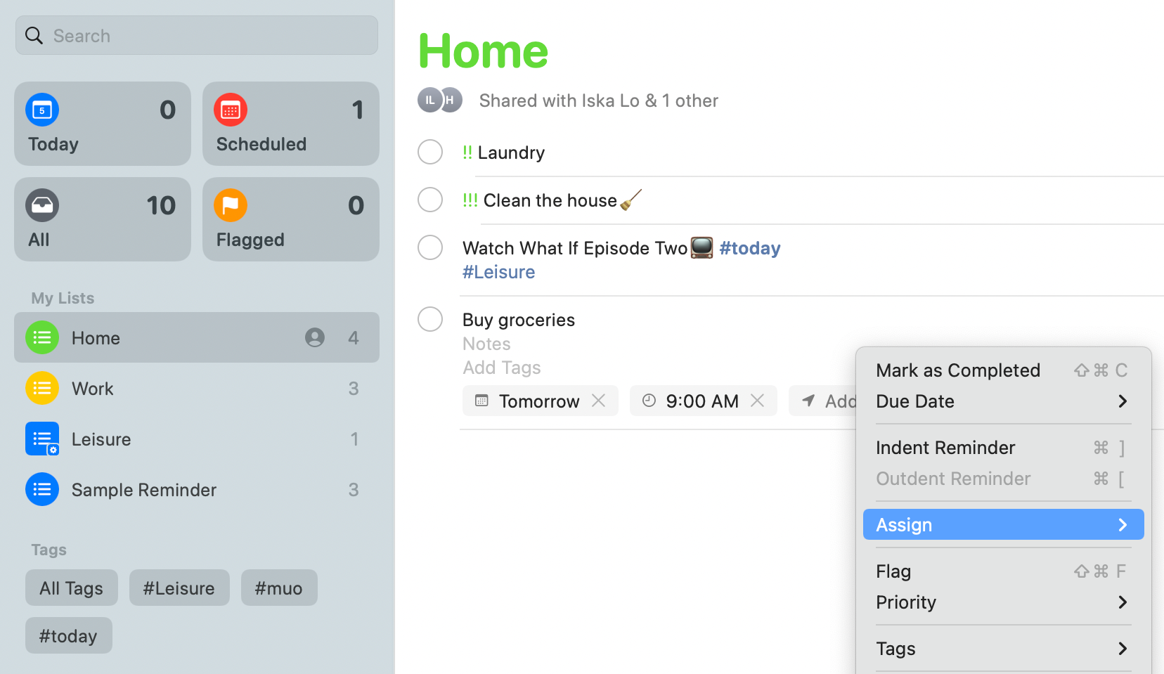Кнопка назначения в контекстном меню Напоминаний