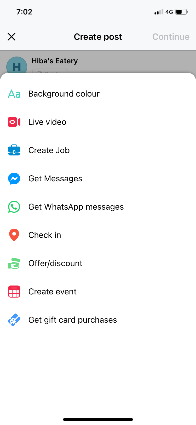 Меню опций на бизнес‑странице