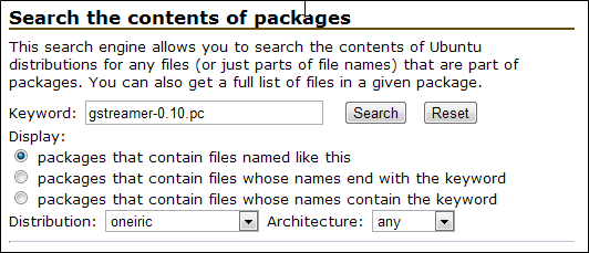 Поиск содержимого пакетов на сайте Ubuntu Package Search