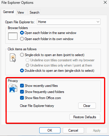 Раздел конфиденциальности в Параметрах папок