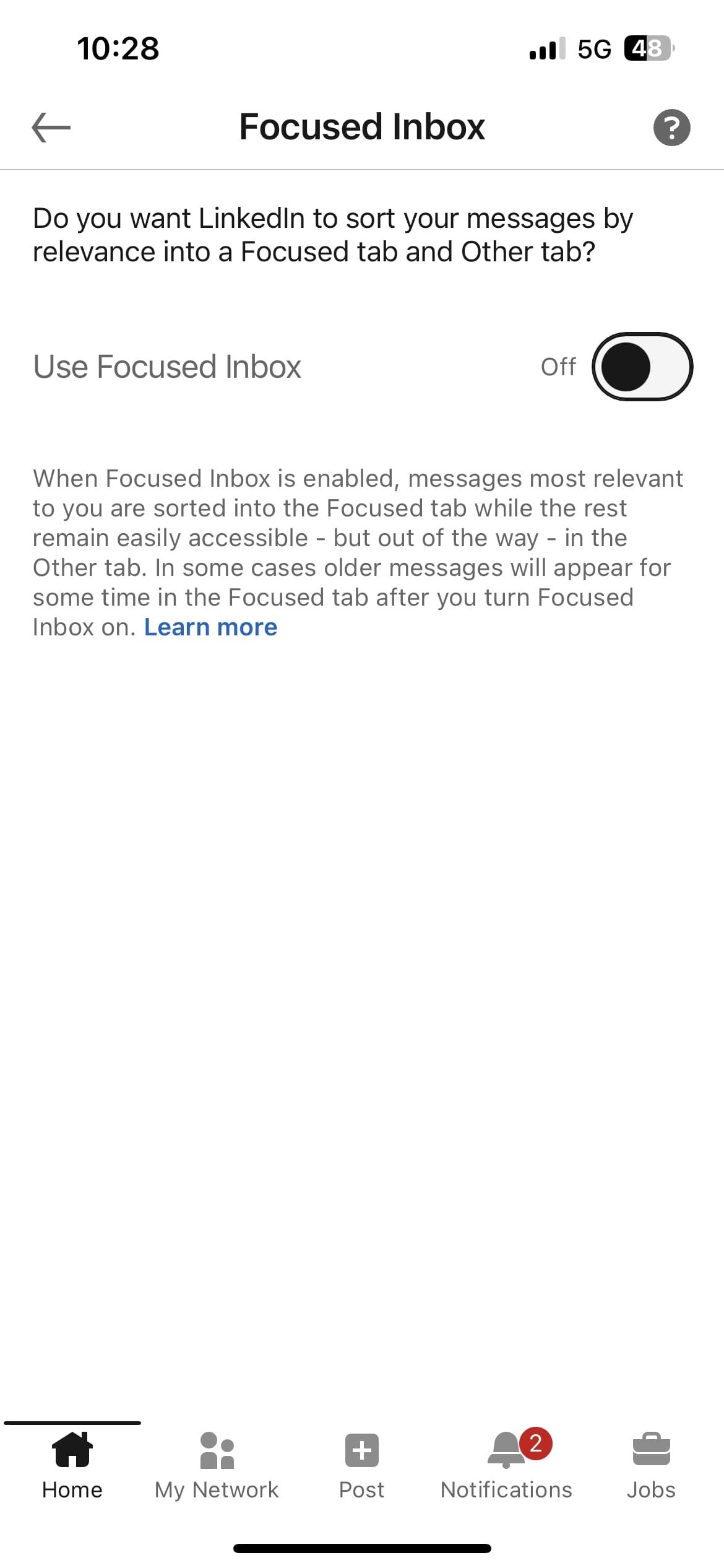 Переключатель Focused Inbox в мобильном приложении LinkedIn