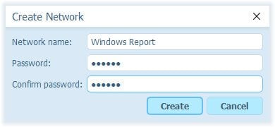 Окно создания сети Radmin VPN с полями имя и пароль