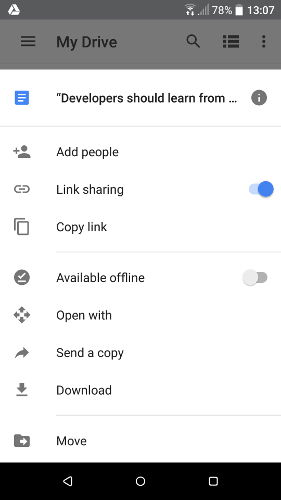 Google Drive: выбор файла и опции общего доступа на Android