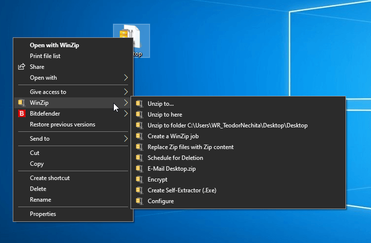 Контекстное меню WinZip при распаковке ZIPX