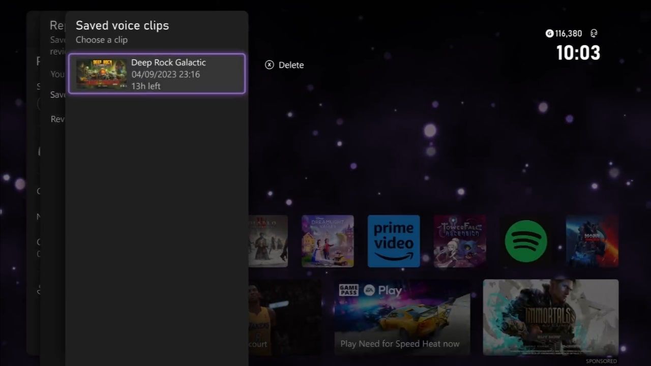 Меню Сохранённые аудиоклипы на Xbox Series X