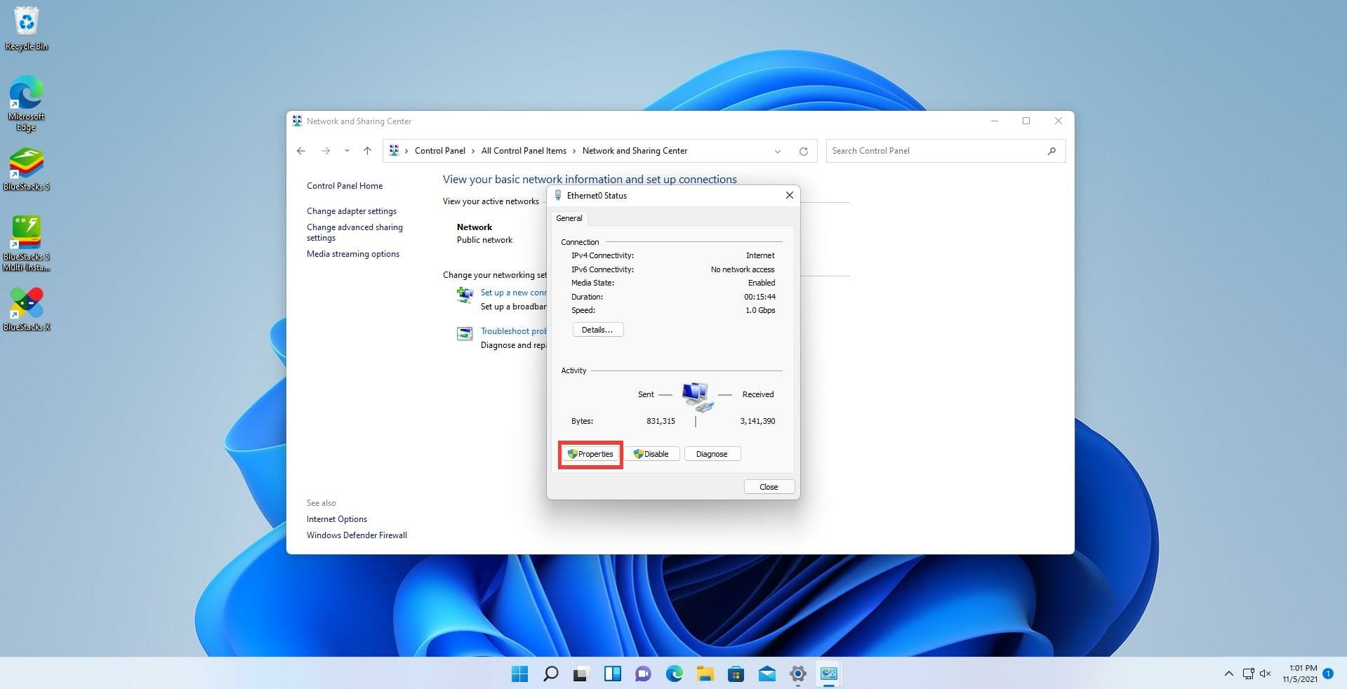 Pulsante Proprietà della connessione di rete