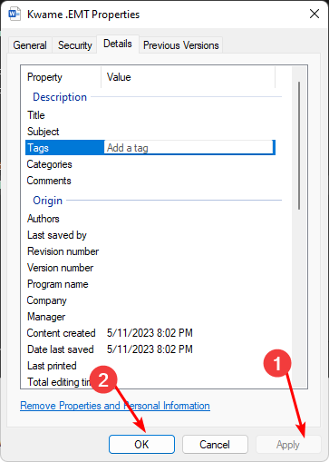 Кнопки «Применить» и «ОК» в свойствах файла