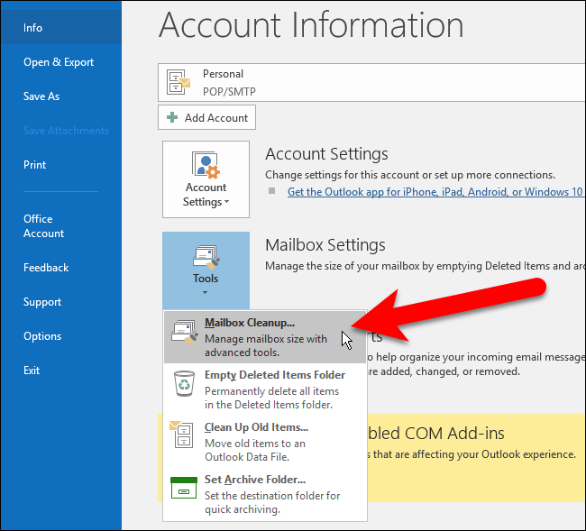 Выбор Mailbox Cleanup в меню Tools