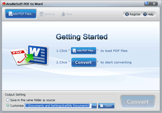 Выбор PDF и настройки папки вывода