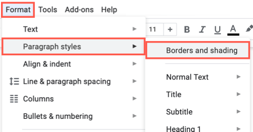 Выбор Формат, Стили абзаца, Границы и заливка в меню Google Docs