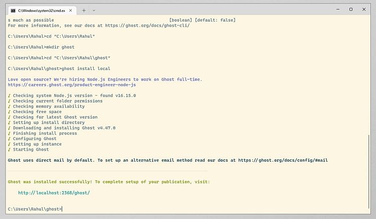 Установка Ghost CMS на Windows 10