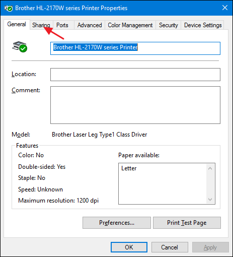 Вкладка общий доступ в свойствах принтера