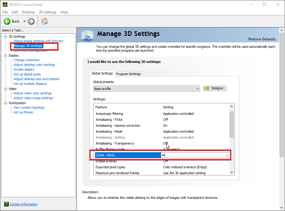 Настройки CUDA и режим низкой задержки в панели NVIDIA