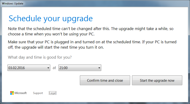 Планирование перезагрузки для установки обновления до Windows 10