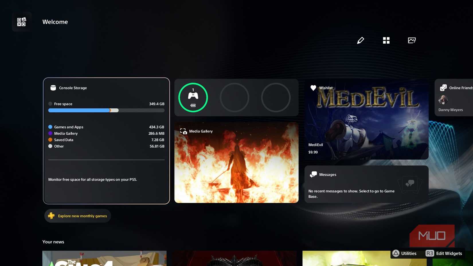 Интерфейс Welcome Hub на PS5: виджеты хранения, уровня заряда контроллера и галереи медиа