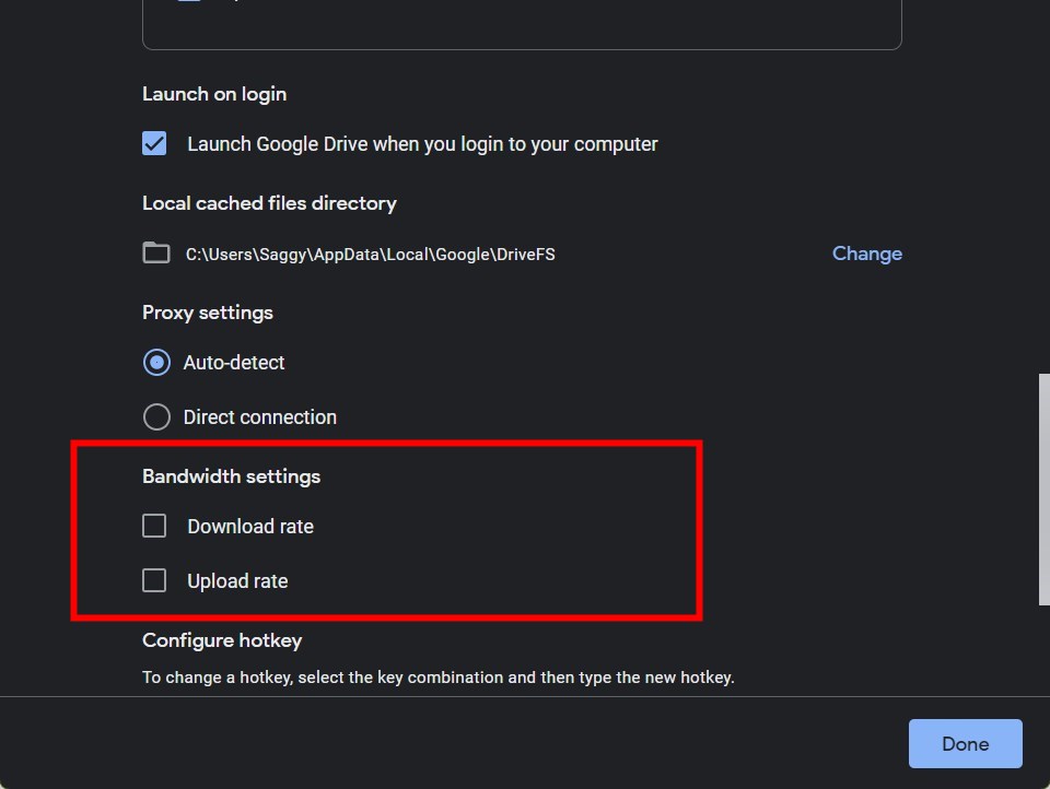 Опции пропускной способности в Google Drive