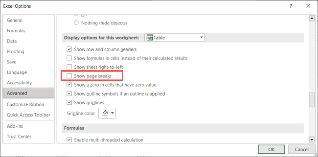 Опция «Показывать разрывы страниц» снята