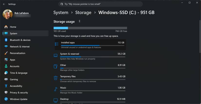 Дисплей с графиком занятого пространства в Windows