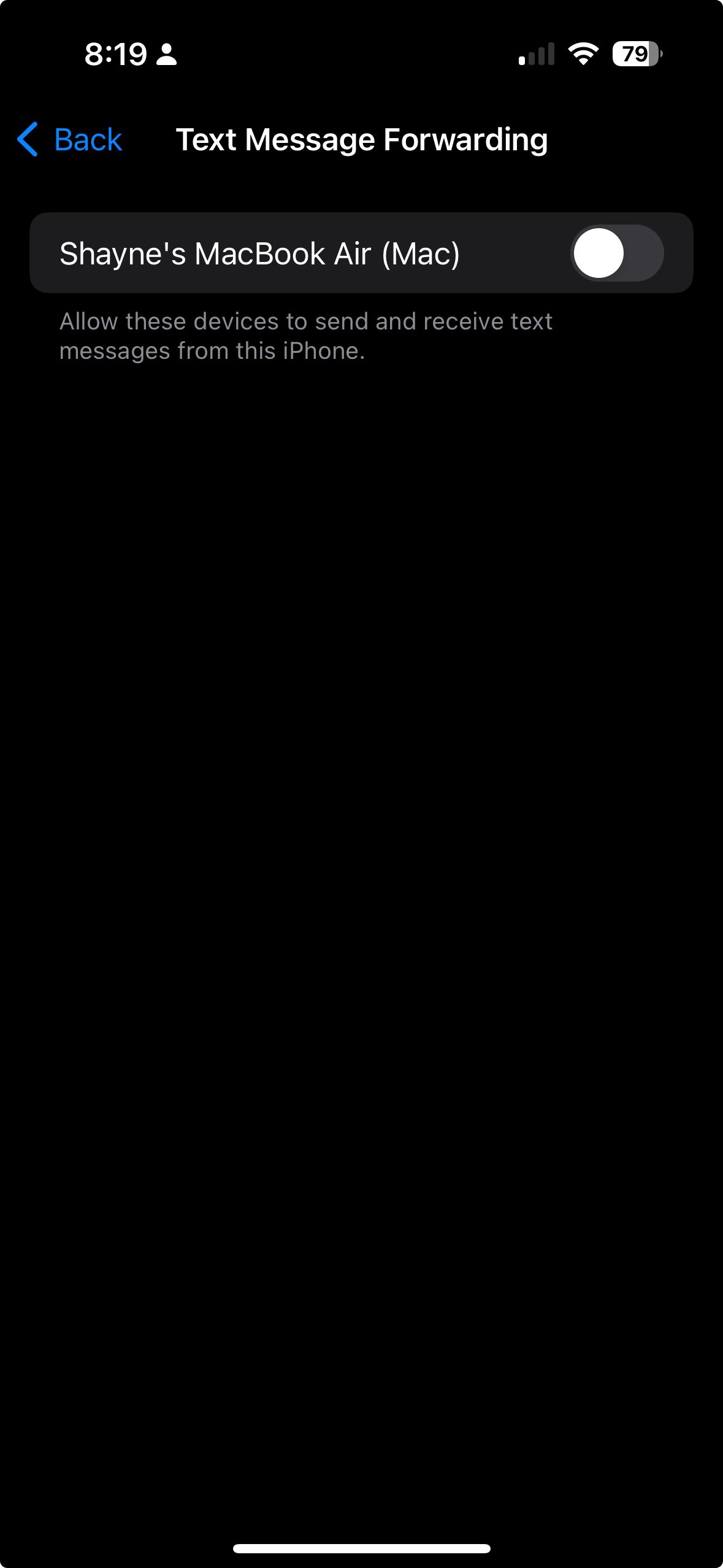 Text Message Forwarding on Mac turned off