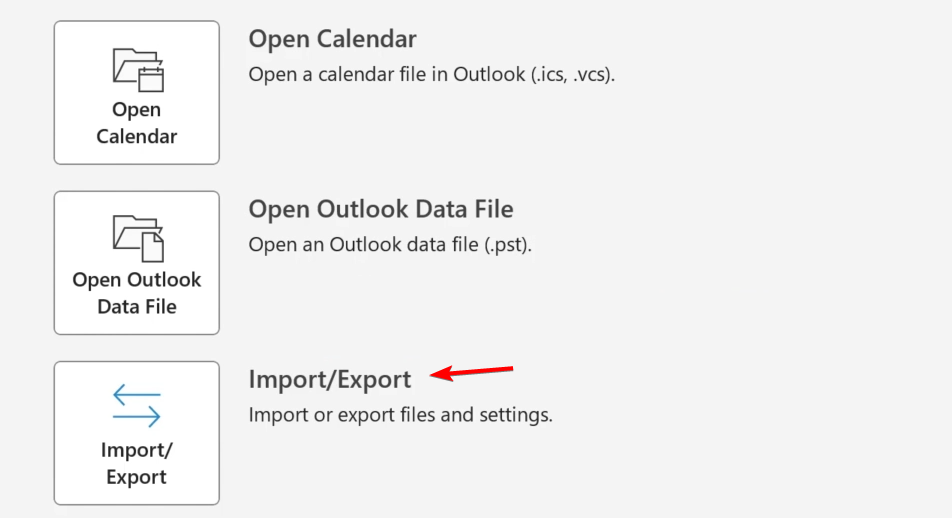 Раздел «Открыть и экспорт» в Outlook