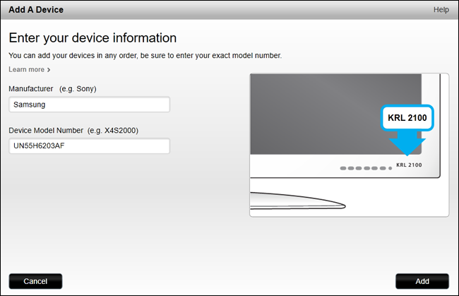 Добавление модели устройства (пример: Samsung UN55H6203AF)