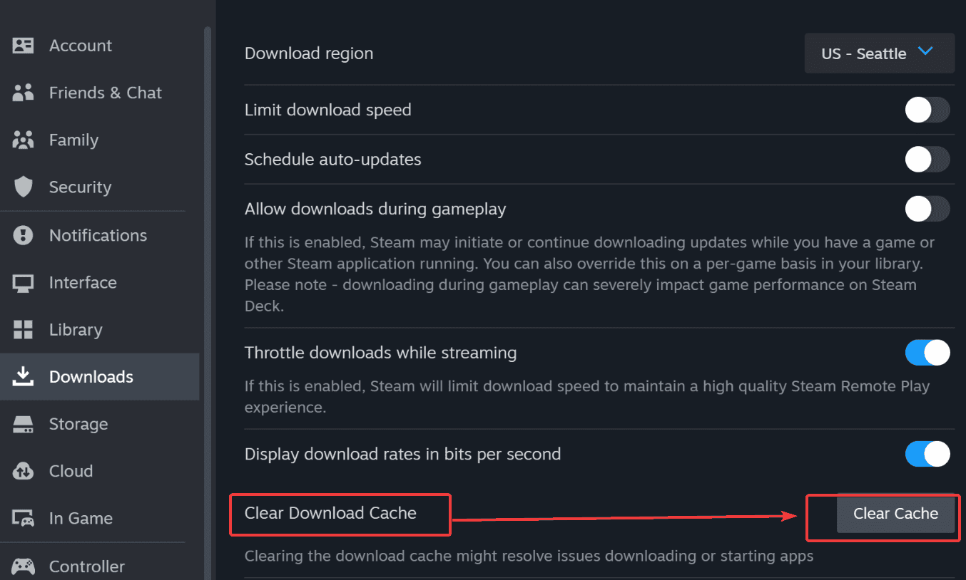 Steam のダウンロードキャッシュをクリアする手順画面