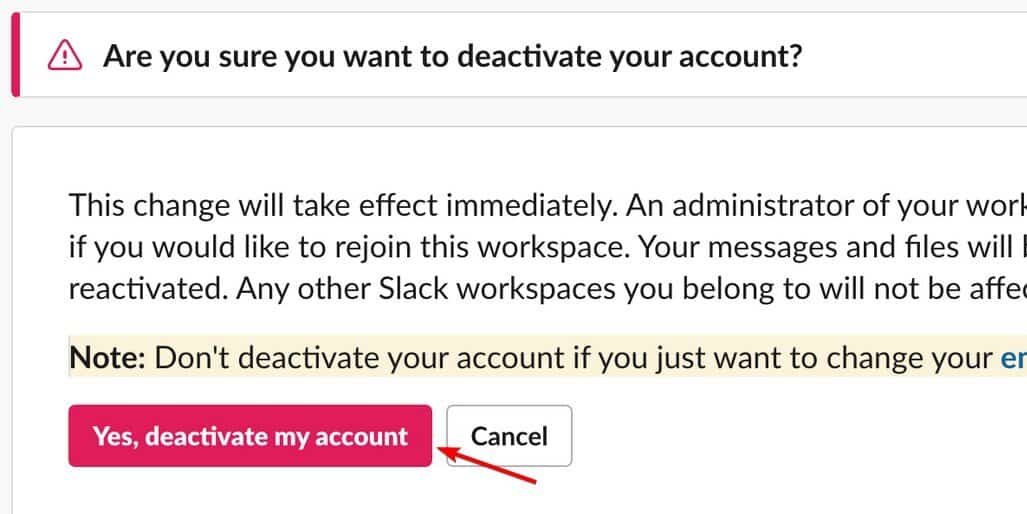 Подтверждение деактивации аккаунта в Slack