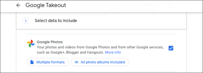 Секция Google Photos в Google Takeout с выбранным флажком