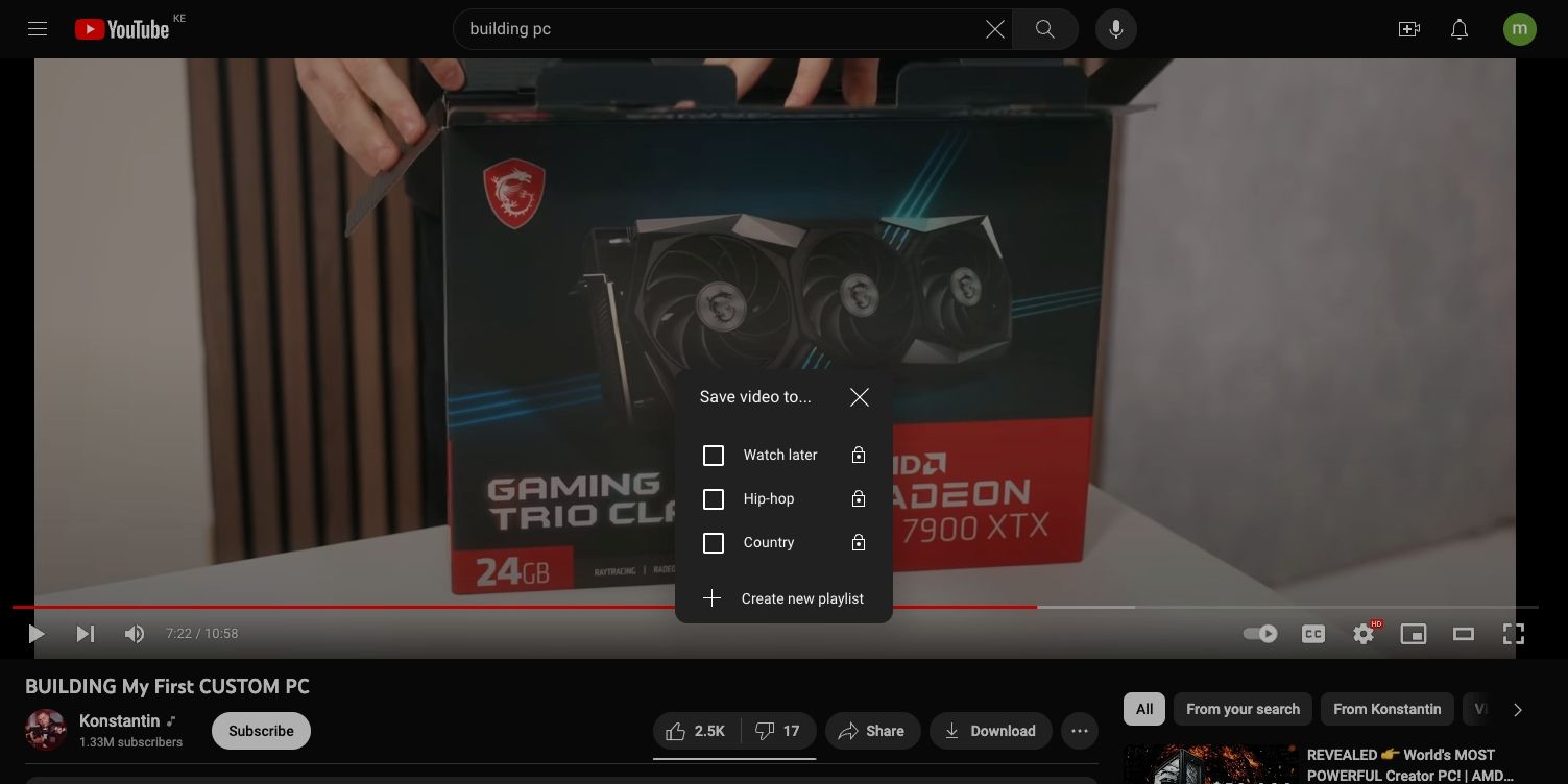 Опция создания плейлиста в всплывающем меню YouTube